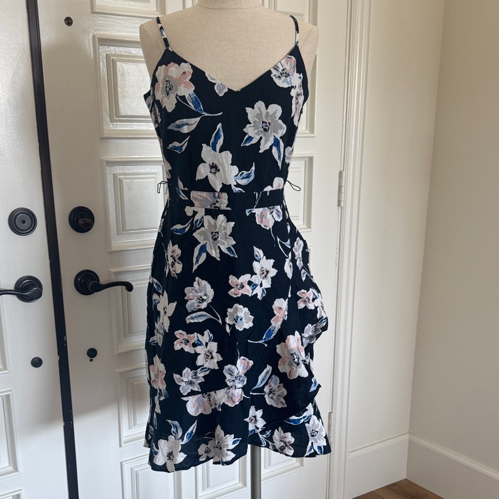 Banana Republic Navy, White and Pink Floral Print Linen Blend Wrap Dress